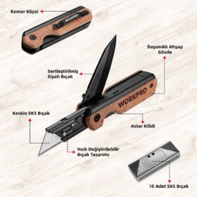 WORKPRO WP211015 2-IN-1 Ahşap Saplı Profesyonel Cep Çakısı & Katlanır Rötuş Maket Bıçağı + 11 Adet Yedek Bıçak