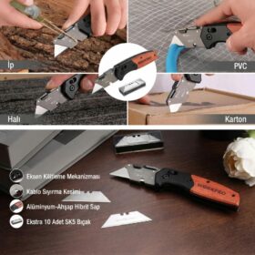 WORKPRO WP211035 Ağır Hizmet Çelik/Ahşap Gövde Katlanır Rötuş Maket Bıçağı + 11 Adet Yedek Bıçak